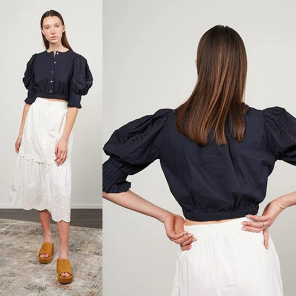 Sea Thora Thread Puff Sleeve Button Down Cotton Top Women's Navy Size: XS NWT